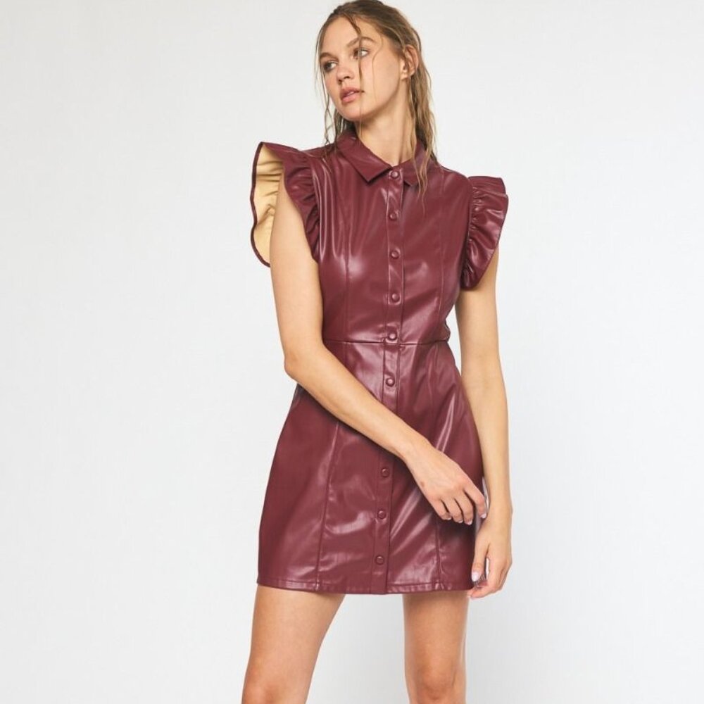 ENTRO MAROON LEATHER BUTTON UP RUFFLE SLEEVE MINI DRESS